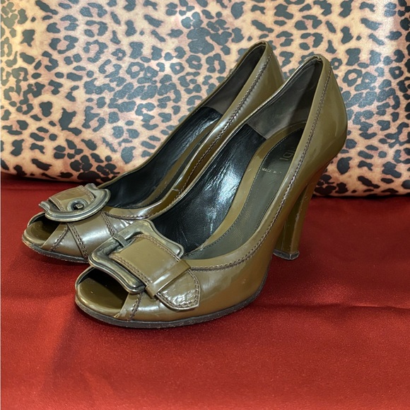 Fendi Shoes - Fendi Olive/Army Green Patent Leather Buckle Peep-Toe Heels